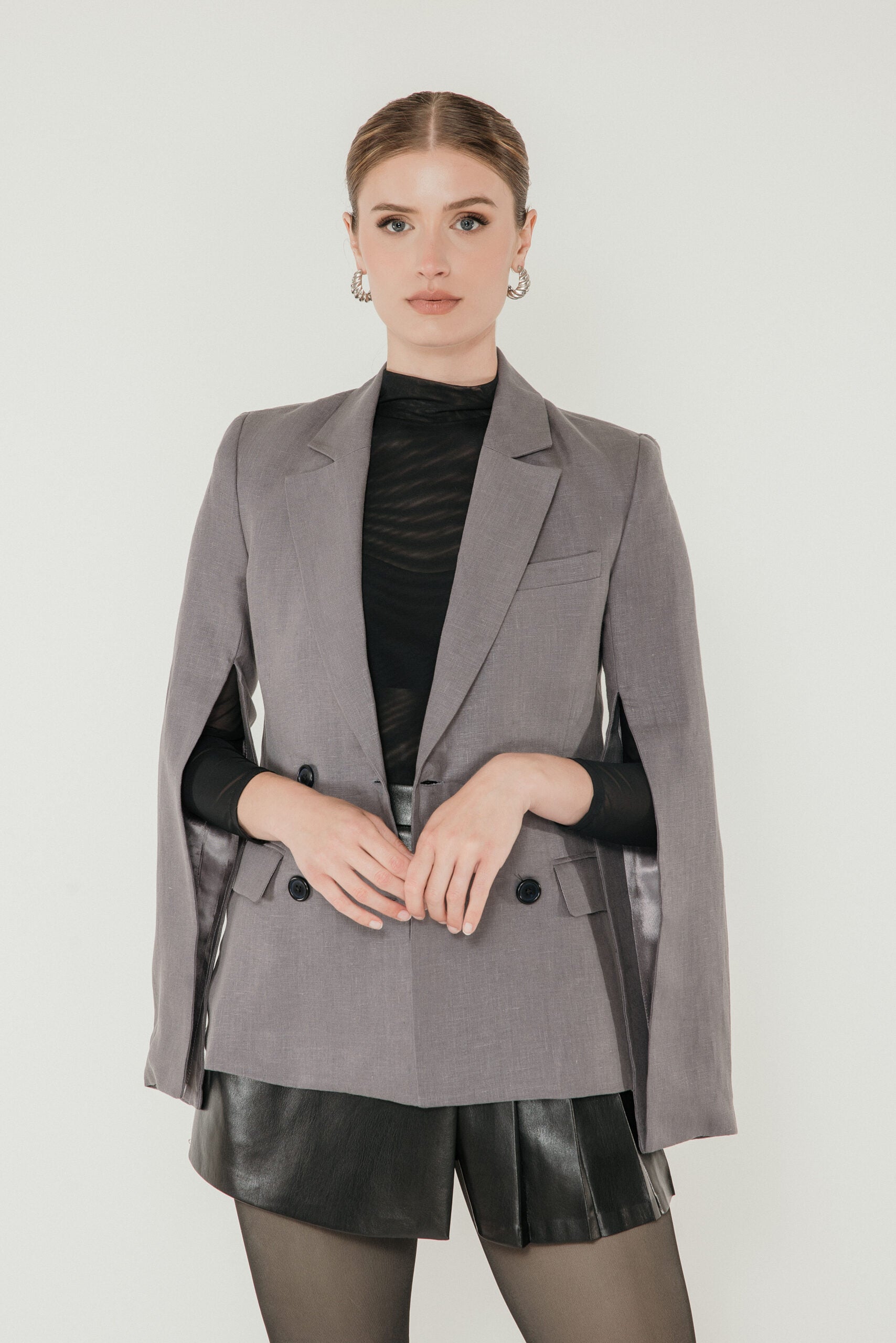 Linen Split Sleeve Blazer in Slate image 1