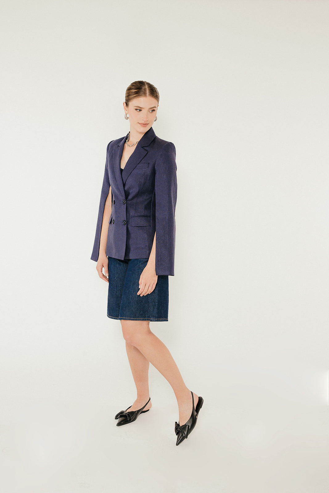 Linen Split Sleeve Blazer in Ink image 7