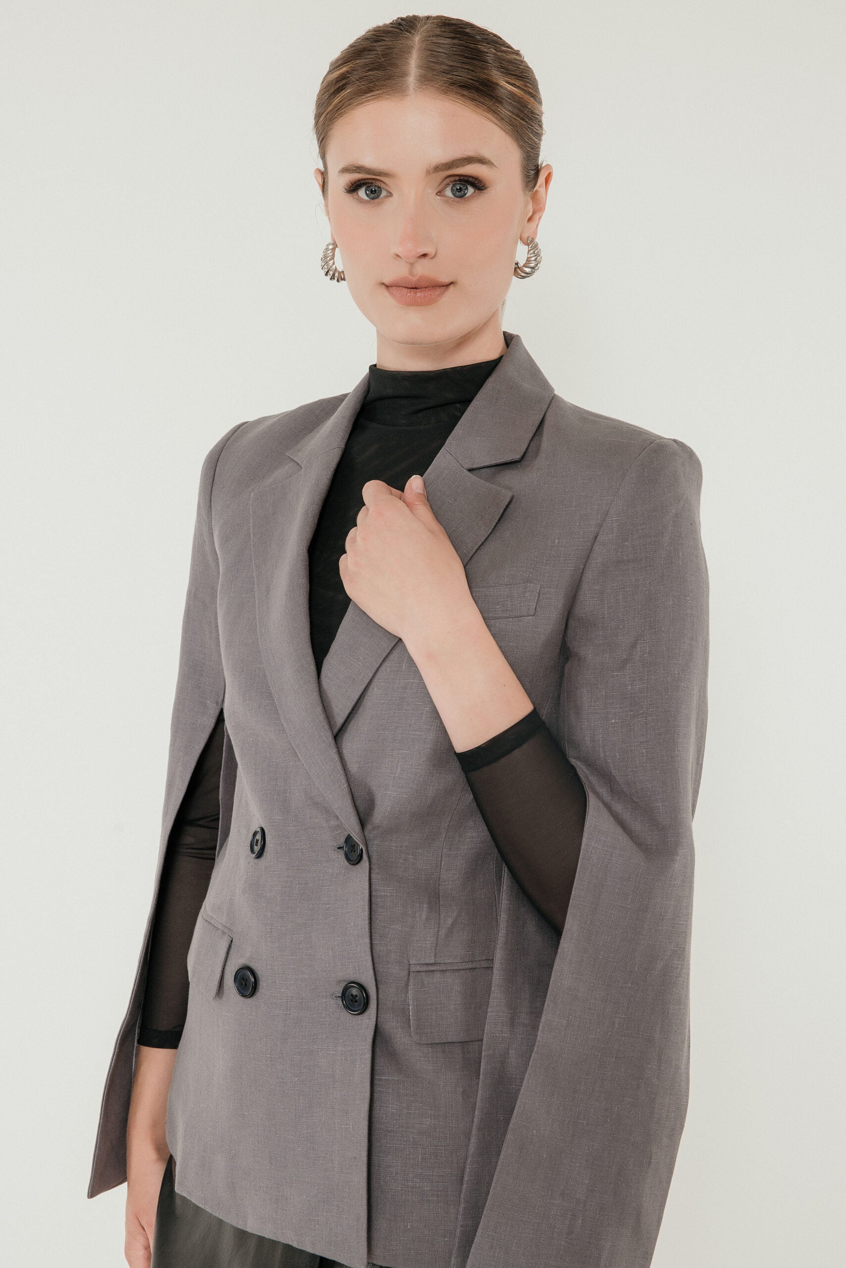 Linen Split Sleeve Blazer in Slate image 0