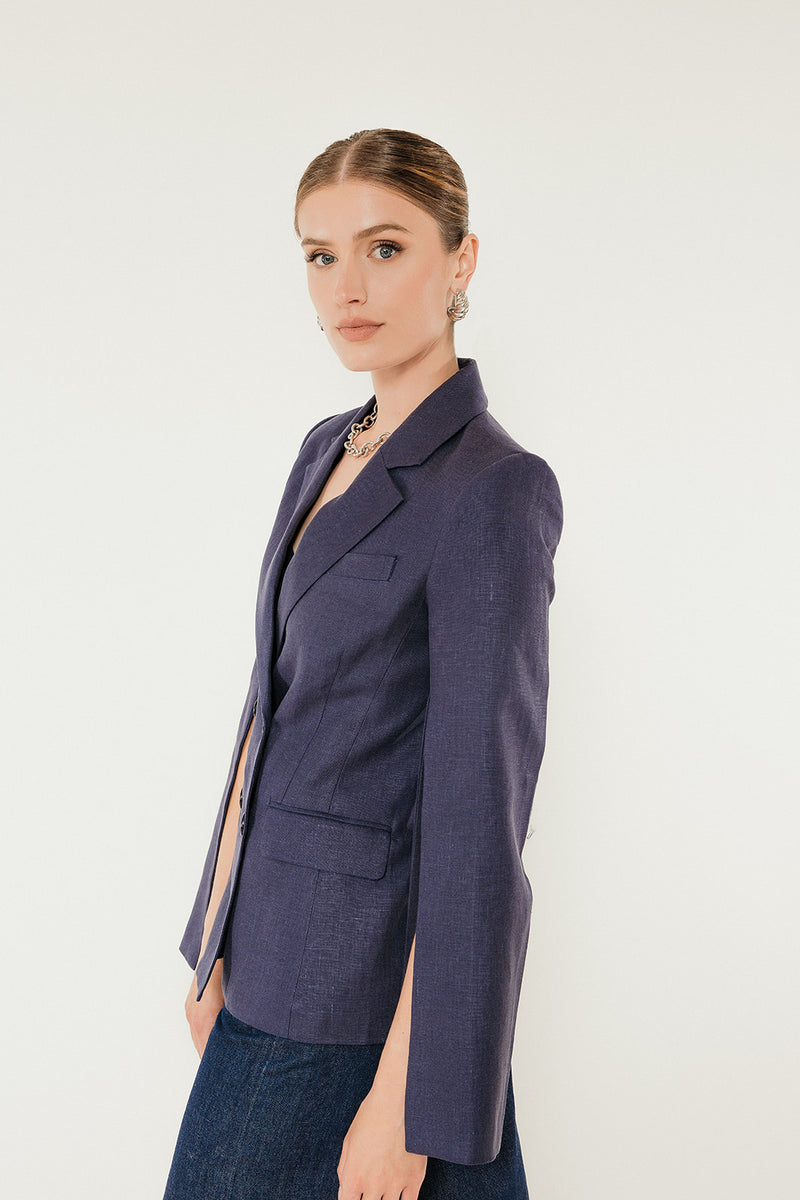 Linen Split Sleeve Blazer in Ink image 5